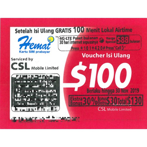 Hemat HK Mobi $100+$30增值券